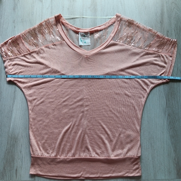 Threads V-neck Mesh Sequined Dolman Short Sleeve T-shirt Top Blush Pink Medium - Picture 8 of 10